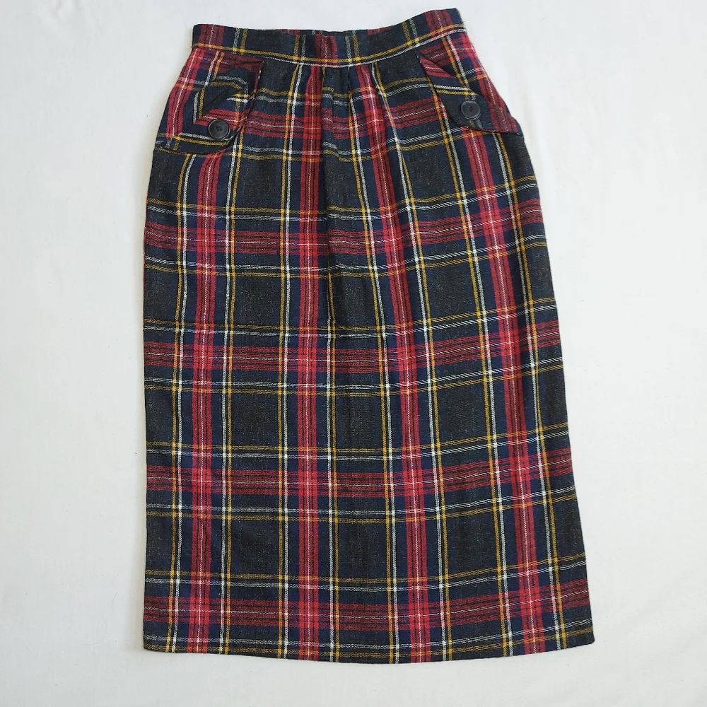 Encore Vintage 80s Plaid Pleated Pencil Maxi Skirt, Medium - Picture 1 of 11